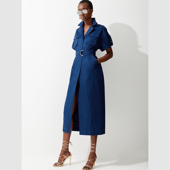 Karen Millen Dresses & Skirts - Karen Millen Cotton Sateen Short Sleeve Utility Pocket Belted Midi Dress